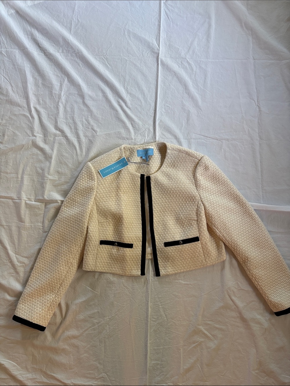 Draper James Cream Bouclé Cropped Jacket with Black Trim